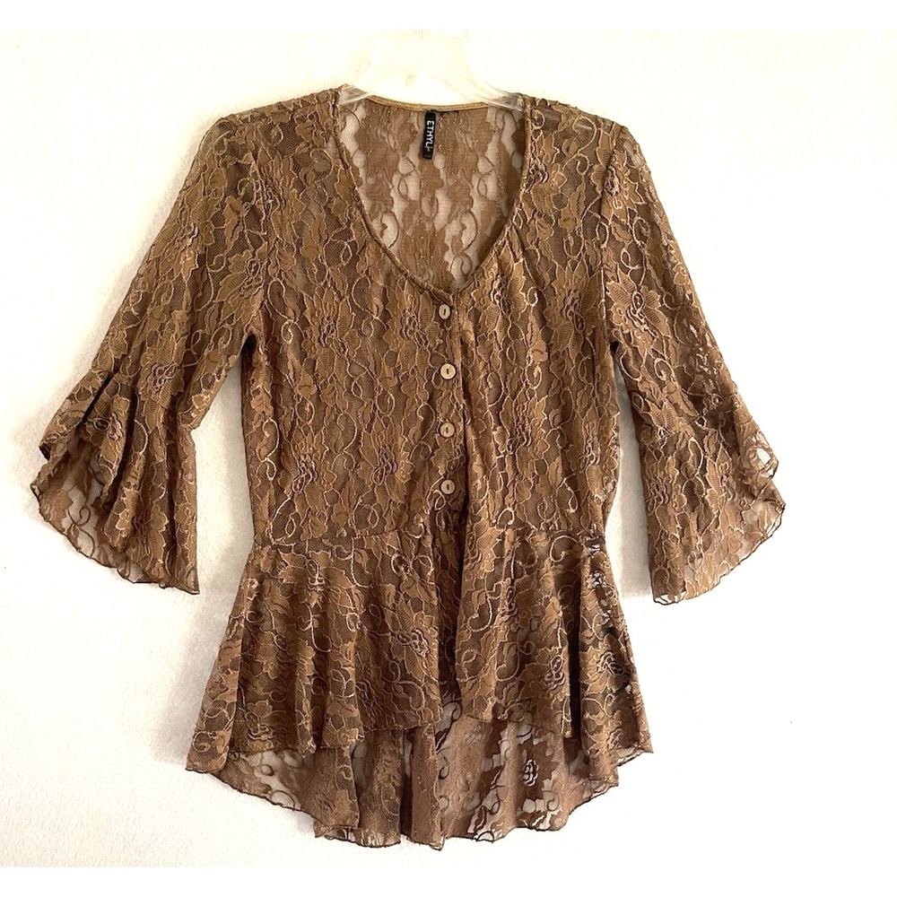 Ethyl Boho Brown Lace Peplum Top Small Asymmetrical Cottagecore Coquette Sheer